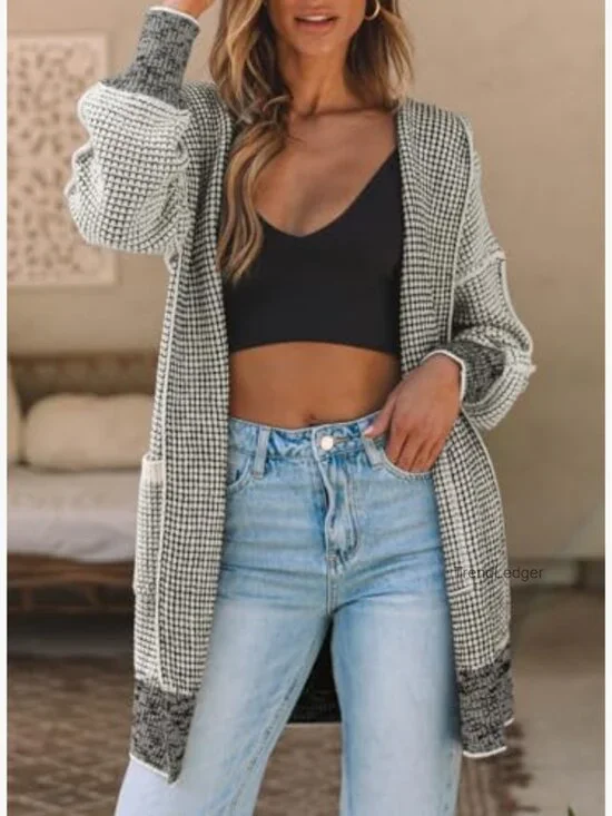 Oversized Hooded Cardigan Sweater Open Front Chunky Knit Plaid Coat - Picture 2 of 7